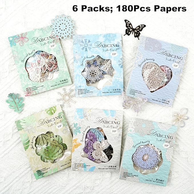 Vintage Hollowed-Out Scrapbook Paper Set, 180PCS Butterfly Floral Leaf Heart Ephemera for Journaling, Scrapbooking, and DIY Crafts
