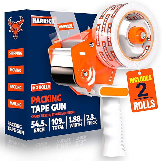 Clear Packing Tape 1.88 inch - Metal Package Tape for Home & Office - Strong & Durable Shipping Packaging Tape - Clear Packaging Tape Dispenser Heavy Duty - 1 Roll / 1 Tape Gun / 54.5 Yards