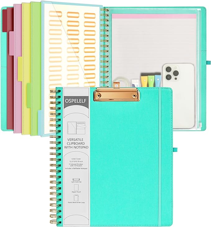 Ospelelf Foldable Spiral Clipboard Folio with Storage Zipper Pouch, 5 Plastic Folders with 10 Pockets,Refillable Lined Notepad (11" x 8.5"), Hardcover Project Organizer with 39 Stickers (Aqua)