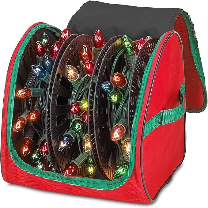 HOLDN’ STORAGE Premium Christmas Light Storage Bag – Heavy Duty Tear Proof 600D/Inside PVC Material with Reinforced Handles - 3 Reels Stores up to 375 Ft of Mini Tree Lights & Extension Cords Red