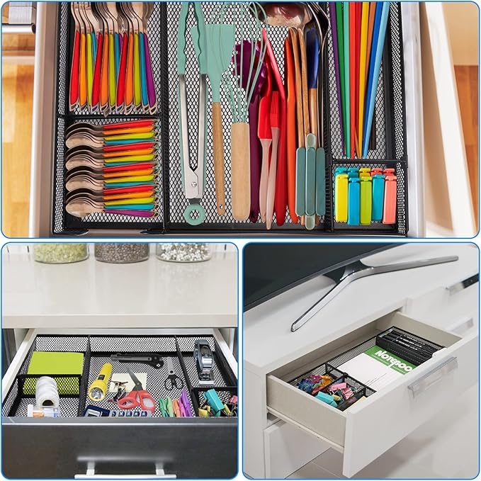 Desk Drawer Organizer Tray with Adjustable Compartments, 6 Grid Metal Mesh Drawer, Multi-use Desk Organizer Storage Box Set for Office,Home,School Supplies, 12.6X9X1.9 inch
