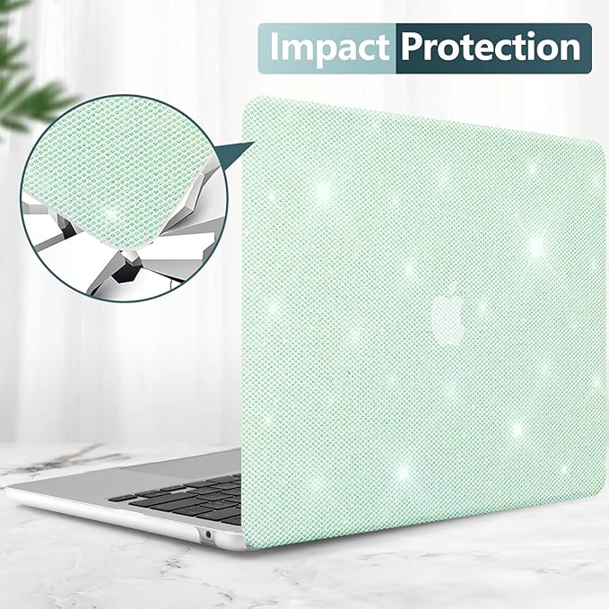 KEROM Bling Glitter Case for MacBook Air 13 inch 2022-2018 M1 A2337 A2179 A1932, MacBook Air M1 Case, Luxury Bedazzled Shiny Sparkle PU Leather Hard Shell & Keyboard Cover for Mac Air 13 M1, Green