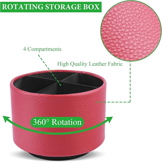 Hennaja Round Leather Art Supply Organizer,Remote Control Holder,360 Degree Spinning,Multi-Functional Pencil Holder,4 Compartments Desktop Stationary Organizer(1-Lichee Red)
