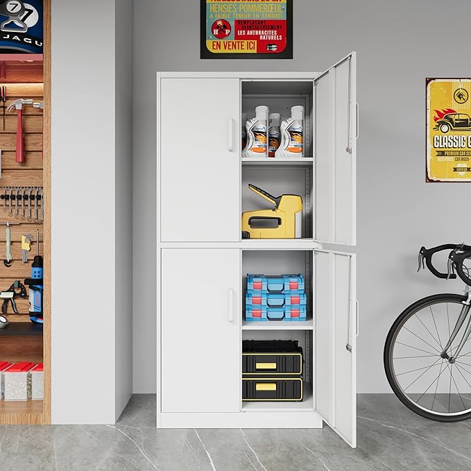 STANI Metal Storage Cabinet, Locking Steel Cabinet With 4 Doors and 2 Adjustable Shelves, 71" Lockable File Cabinet for Home Office, Garage, School (White)