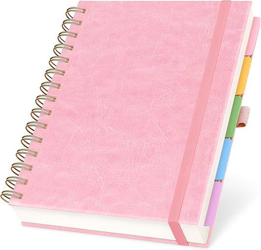 Hardcover Leather Lined Spiral Notebook 8x10" with Removable Dividers - Pink - 300 Pages 5 Subject College Ruled Notebook for Work with Tabs, Pockets, and Pen Loop for Note Taking, Large Journal