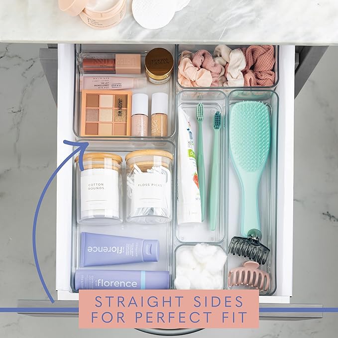 Plastic Clear Drawer Organizers. Bathroom, Kitchen, Bedroom, Nail Polish, Office Organizer Bins, Storage Trays. Heavy Duty, Stackable. 6" x 3" x 2" Set of 6