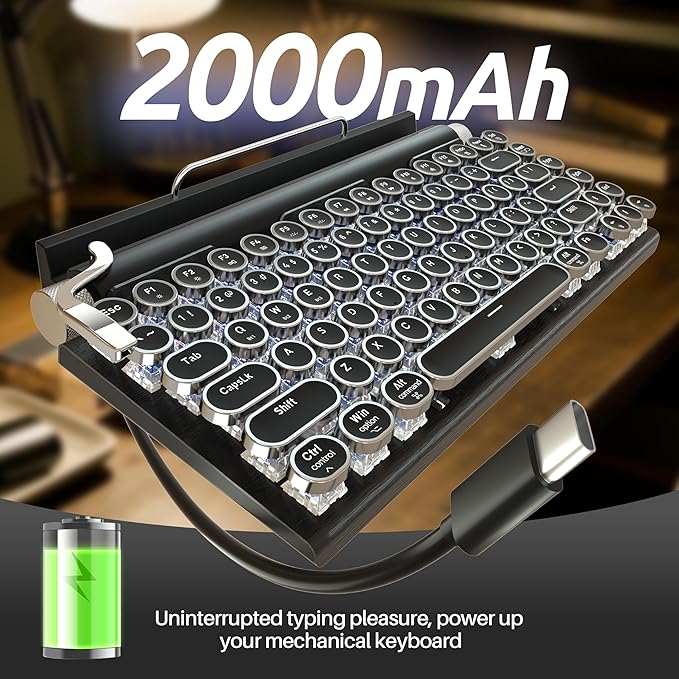 Retro Typewriter Mechanical Keyboard, Wireless Bluetooth 5.0 LED Backlit Office Computer Keyboards with 83-Key Clicky Blue Switches, Vintage Design for PC/Laptop/Mac/Pad/Phone/Gaming, Black