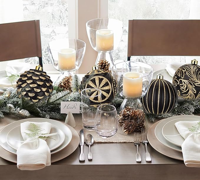 Hollyone 4.7 Inch Large Black and Gold Christmas Ornaments 4Pcs Christmas Tree Balls Shatterproof Christmas Ornaments for Xmas Tree Decor for Holiday Party Wreath Home Decor (Black & Gold, 120mm)