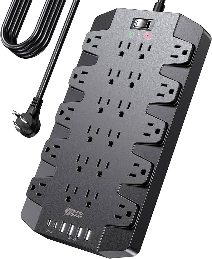 10 Ft Extension Cord Power Strips with Surge Protection, SUPERDANNY Surge Protector with 22 Outlets, 2 USB-C and 4 USB-A, 2100J, 10Ft Flat Plug Heavy Duty Extension Cord (1875W/15A) for Home, Office