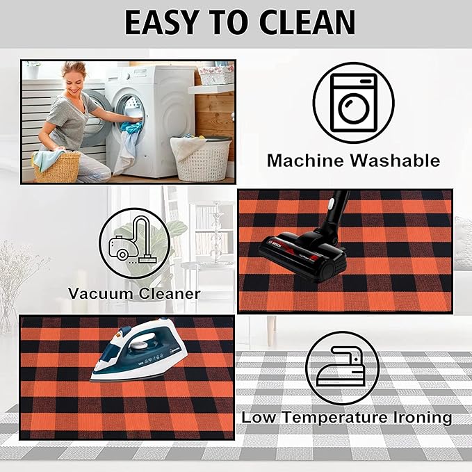 Orange and Black Plaid Rug, 28'' x 43'' Fall Outdoor Front Door Decor Mat, Cotton Washable Hand-Woven Rug for Layered Doormat, Autumn Halloween Thanksgiving Carpet for Porch, Entryway