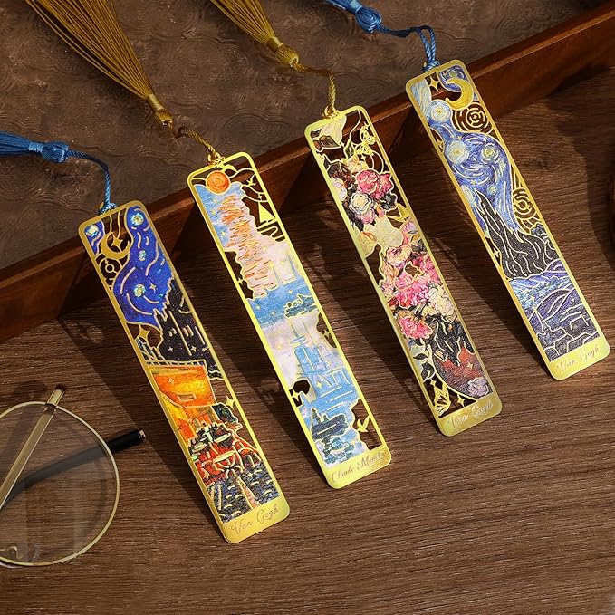 4 Pieces Metal Bookmarks with Tassel, Golden Hollow Bookmark Monet Oil Painting Theme Book Mark Bookmarks for Book Lovers Writers Readers Children Teens for Women Adults