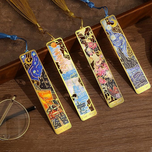 4 Pieces Metal Bookmarks with Tassel, Golden Hollow Bookmark Monet Oil Painting Theme Book Mark Bookmarks for Book Lovers Writers Readers Children Teens for Women Adults