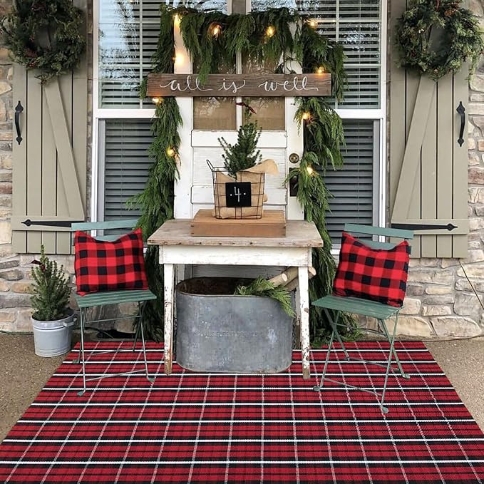 Buffalo Plaid Outdoor Rug, 4' x 6' Christmas Red & Black Check Indoor/Outdoor Area Rug, Layering Rug for Hello/Welcome Door Mat, Machine Washable Cotton Woven Farmhouse Mat for Front Porch Decor