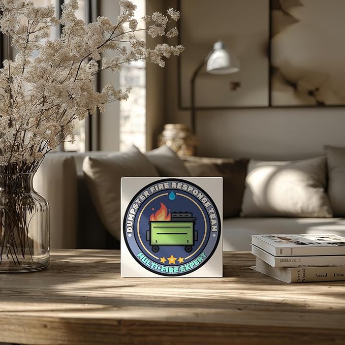 Funny Dumpster Fire Desk Decor Sign, Multi-Fire Expert Wooden Box Sign for Home Office Shelf Table, Fuuny Gifts for Women Men Coworkers Friends Employees, 5x5 Inch,AA089