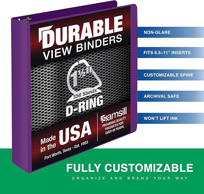 Samsill Durable 1.5 Inch Binder, Made in The USA, D Ring Binder, Customizable Clear View Cover, Plum Purple, Holds 350 Pages