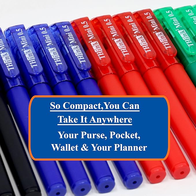 THINK2MASTER [24 Pens - 4 Black, 4 Blue, 4 Red, 4 Green, 4 Pink, 4 Purple Ink Think2 Pocketable Mini Gel Pens. Assorted Colors Fine Point (0.5mm) Small Rollerball Pens