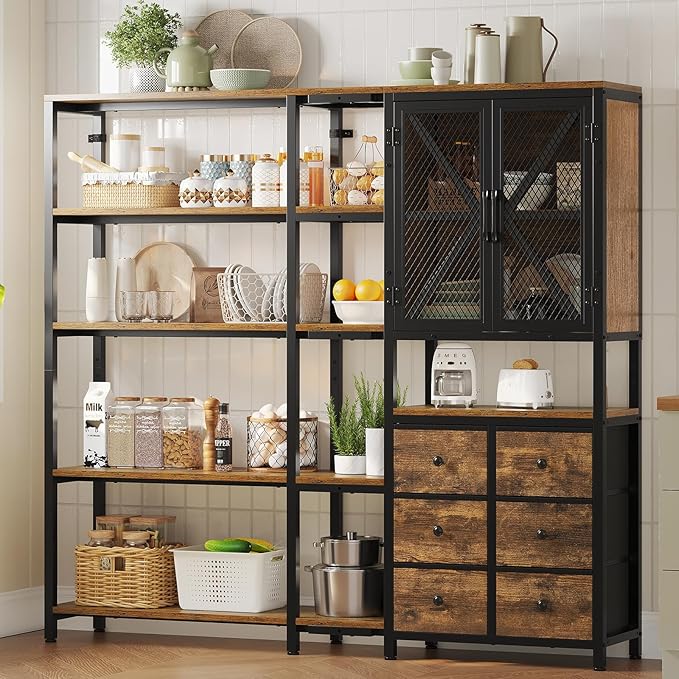 Corner Bookshelf, 5 Tier Industrial Convertible Bookshelf with 6 Fabric Drawers, Corner Bookcase Large L Shaped Storage Display Shelf for Home Office, Living Room, Kitchen, Rustic Brown