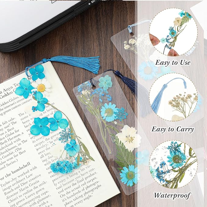 150 Pcs DIY Pressed Dried Flower Bookmark Making Kit, DIY Bookmark Bulk Thanksgiving Teacher Gifts for Reading Women Book Lovers(2 x 6 Inch,Blue Color)