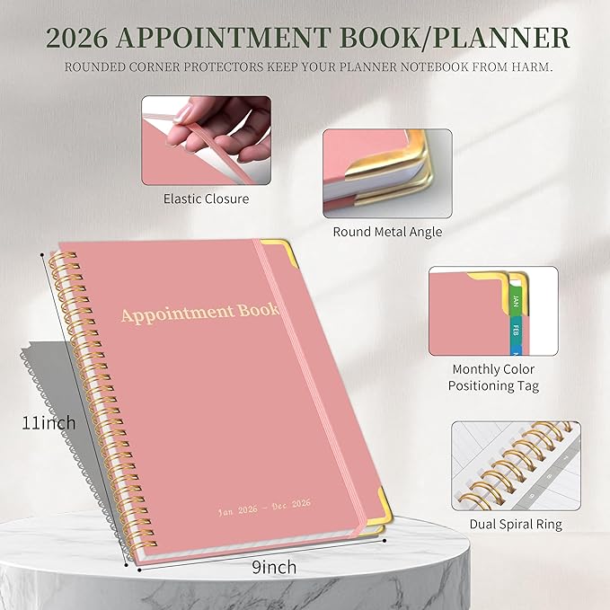 2026 Appointment Book/Planner - 2026 Daily Hourly Planner from Jan. 2026 - Dec. 2026, Weekly appointment Book 2026, 2026 Hourly planner with 20-Minute Interval, 9" x 11", Twin-Wire Binding, Colorful Tabs, Pocket - Pink