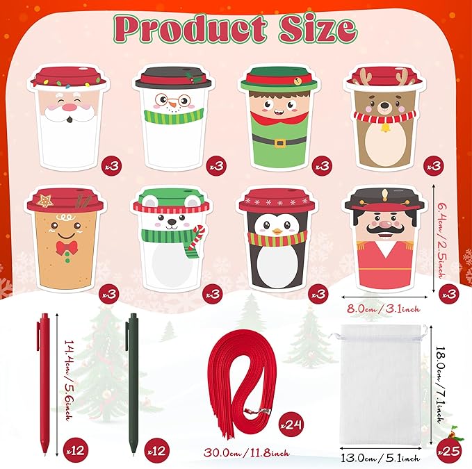 CJiangpo Christmas Sticky Note Set - 24 Pack Coffee Cup Sticky Note Pads with Ballpoint Pens Ribbons, Funny Memo Pad Stationery Set Classroom Rewards Xmas Party Favors School Office Appreciation Gifts