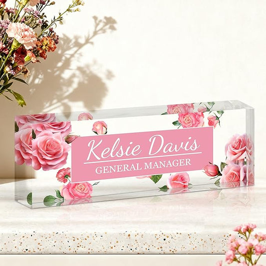 Ship Next Day-Custom Name Plate for Desk, Desk Name Plate Personalized, Acrylic Office Desk Accessories, Appreciation Gifts for Coworkers Employee Teachers Boss Women Men (Pink Rose)