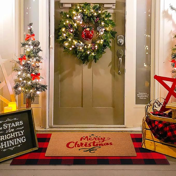 Christmas Red and Black Plaid Rug, 28 x 43 Inches Cotton Hand-Woven Layered Door Mat for Front Porch, Entryway, Outdoor Holiday Decor, Washable Buffalo Check Rug for Home, Patio, Kitchen