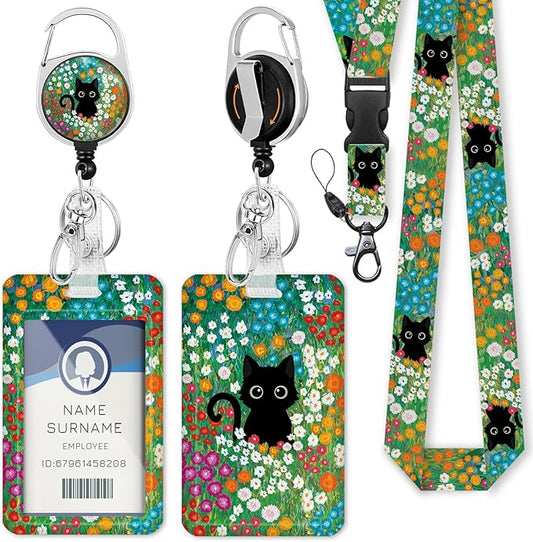 Gctriki Lanyards for Id Badges and Keys, Black Cat Flower Id Badge Holder, Cute Retractable Heavy Duty Badge Reel with 360 Degrees Rotate Carabiner Clip, Teacher Nurse Doctor Women Office Gifts