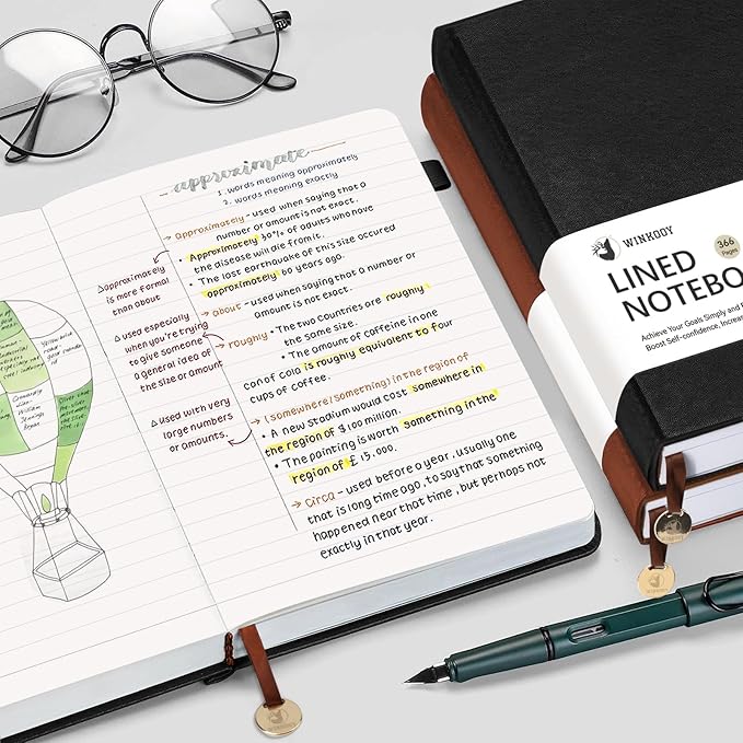 Lined Journal Notebook, 366 Pages, 100Gsm Leather Hardcover Journals for Writing Thick A5 College Ruled Classic Notebook with Pen Loop, Daily Journal for Women Men, 5.75'' X 8.38'', Black