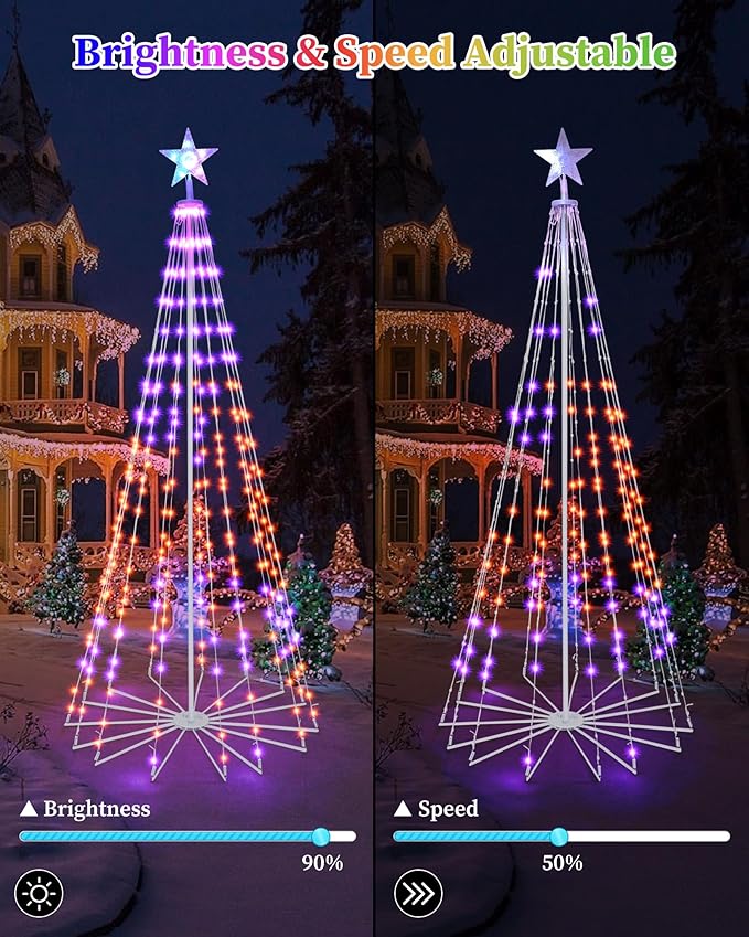 Brightever 6FT 265 LED Smart Cone Christmas Tree, Outdoor Prelit Christmas Tree with 16 Million DIY RGB LED Light Show, Remote APP Control Color Changing Music Sync for Xmas Outdoor Decorations
