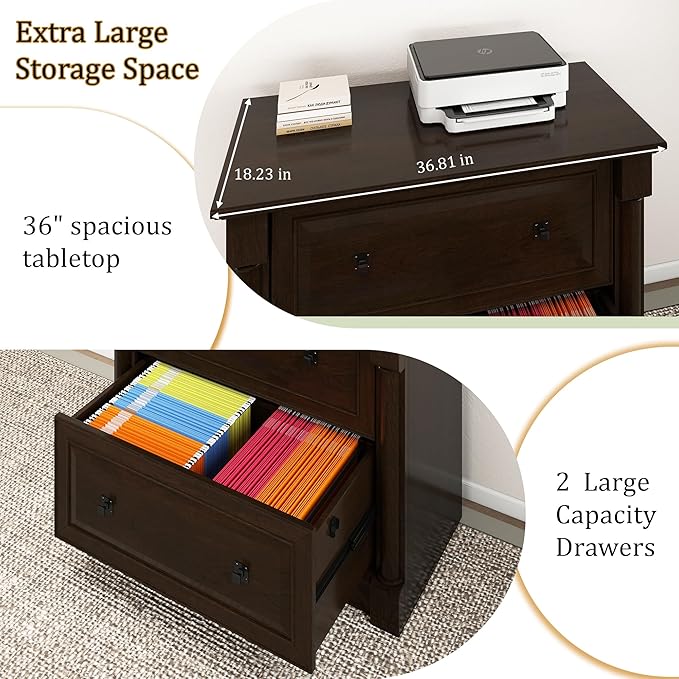 blini 2 Drawer File Cabinet Farmhouse Lateral File Cabinet with Hanging File Folders，Fits Letter/Legal/A4 Sizes, 36.8" Large Wood File Storage Cabinets Printer Stand for Home Office