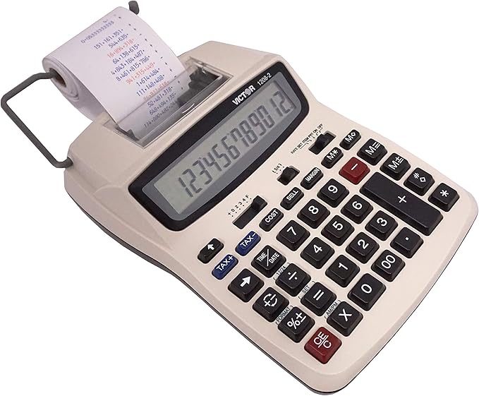 Victor Printing Calculator, 1208-2 Compact and Reliable Adding Machine with 12 Digit LCD Display, Battery or AC Powered, Includes Adapter,White