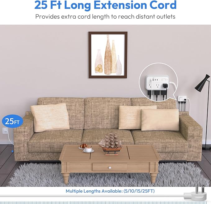 Flat Plug Extension Cord 25 ft, Surge Protector Power Strip, Outlet Extender with 6 Outlets 4 USB Ports, Overload Protection, Long Extension Cord with Multiple Outlets for Indoor, Home, Office, White