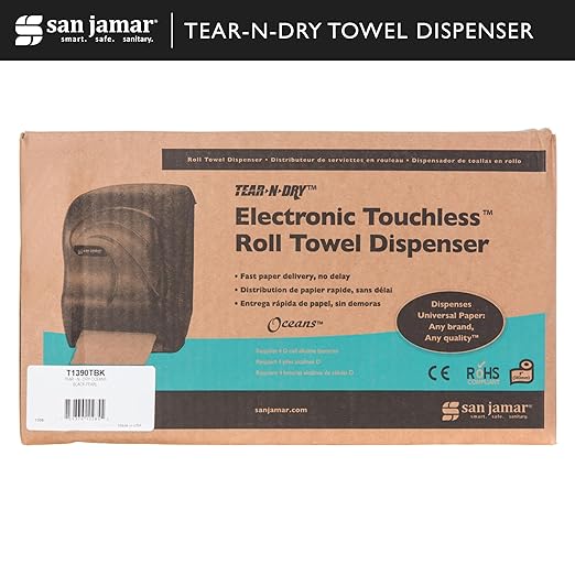 San Jamar Tear-N-Dry Oceans Paper Towel Dispenser 1.5 Inch Core Rolls with Touchless Dispensing for Bathroom, Kitchens, Restaurants, and Cafeterias, Plastic, Black Pearl