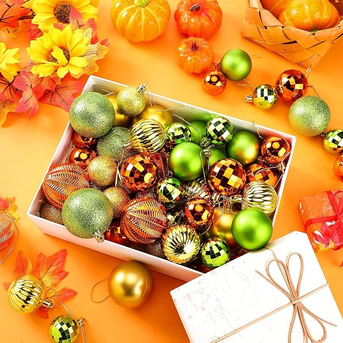 64 Pcs Fall Ball Ornaments Matt Glitter Lime Green Gold Orange Tree Ornament 1.6/1.97/2.4 Inch Autumn Thanksgiving Hanging Bulbs Fall Decorations for Home Tree Holiday Office Party Decor