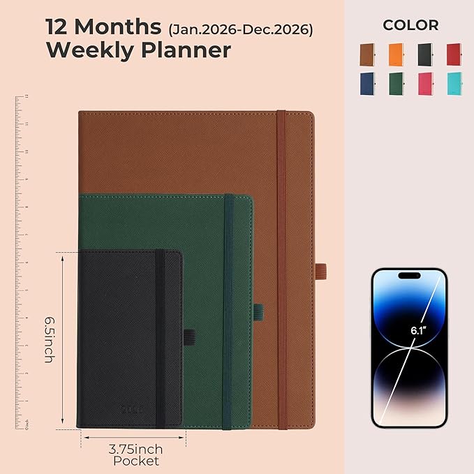 Weekly Monthly 2026 Planner (Jan.26-Dec.26),6.5"x3.75",12 Months Agenda Plan with Month Tabs & Pocket,Expenses/Note Pages, Appointment Book Calendar with Hardcover Vegan Leather Cover,Brown