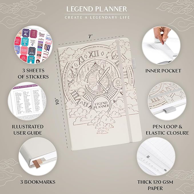 Legend Planner PRO – Deluxe Weekly & Monthly Life Planner to Increase Productivity and Hit Your Goals. Time Management Organizer Notebook – Undated – 7 x 10" Hardcover + Stickers – White
