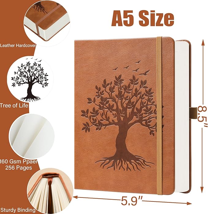 ZXHQ A5 Bullet Dotted Journal Notebook-150gsm Thick Paper, 256 Pages, Dot Grid Hardcover, Tree of Life Design, Fine Inner Pocket - 5.9" × 8.5" Brown
