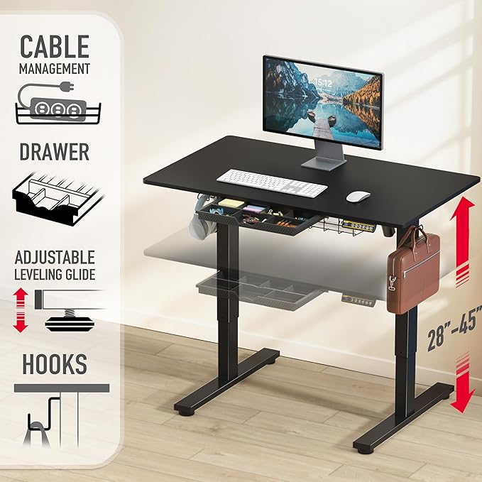 SHW 40-Inch Electric Height Adjustable Standing Desk with Drawer, Memory Preset and Cable Management Tray, Black