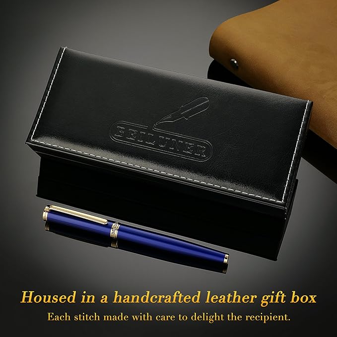 BEILUNER Blue Fountain Pen,Stunning Luxury Lacquer, 24K Gilded Nib(Fine),Gorgeous 24K Gold Accents, with Ink Converter,Fancy Gift for Men&Women-Smooth,Elegant,Graduation,Reliable,Nice Pens for Writing