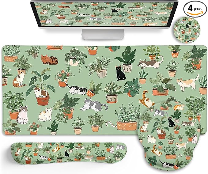 Cat Mouse Pad XXL Desk Mat Set, Green Ergonomic Mouse Pad with Wrist Rest, Large Gaming Mousepad Wrist Support Keyboard Mat Cup Coaster Set Cute Office Desk Decor Accessories