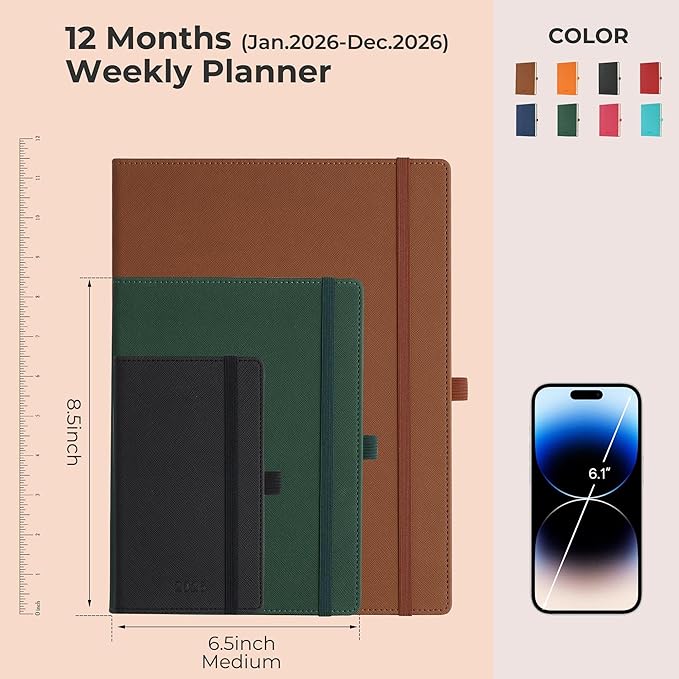 Weekly Monthly 2026 Planner (Jan.26-Dec.26),8.5"x6.5",12 Months Agenda Plan with Month Tabs & Pocket,Expenses/Note Pages, Appointment Book Calendar with Hardcover Vegan Leather Cover,Brown