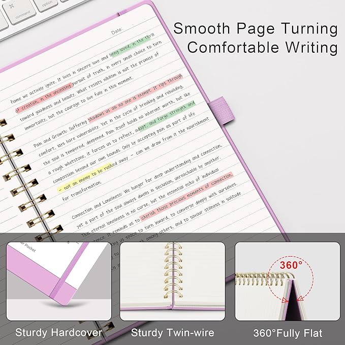 RETTACY Lined Journal Notebook, 140 Numbered Pages, A5 Medium Size (5.7'' x 8.3''), for Men & Women, Journaling, Writing, Work & Office, Spiral-bound, Hardcover, 100 GSM Thick Paper (Lilac)