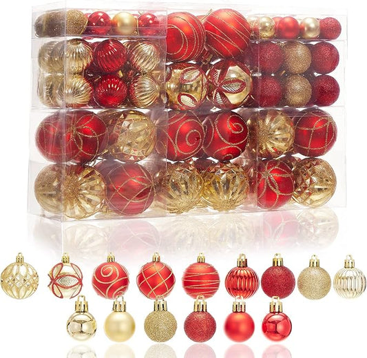100Pcs Elegant Christmas Ball Set Christmas Tree Ornaments with Glitter and Patterns Bulk Ornaments for Tree as Festive Christmas Decor Xmas Ball Set Red Gold