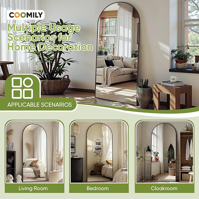 Full-Length Floor Mirror with Stand, 71"x28" Arched Style Full Body Standing Mirror for Bedroom, Living Room, Gym, Dorm - Shatter-Resistant & Easy Assembly, Black