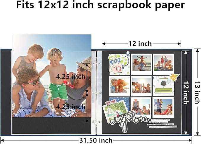 Vienrose Scrapbook Photo Album 12x12 Inch 3 Ring Binder, Linen Cover Large DIY Scrapbooks with 50 Sheets Plastic Sleeves 100 Pages Blank Black Inner Pages for Wedding Birthday Travel Baby Photos Blue