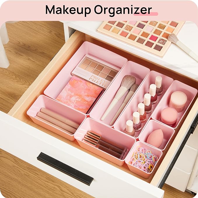 Vtopmart 25 PCS Plastic Drawer Organizers Set, 4-Size Versatile Bathroom and Vanity Drawer Organizer Trays, Storage Bins for Makeup, Bedroom, Kitchen Gadgets Utensils and Office