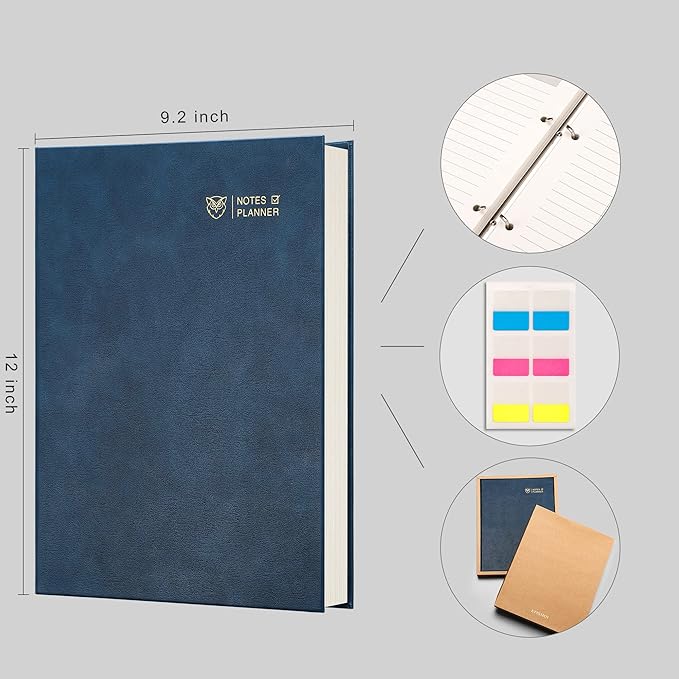 EMSHOI Undated Daily Planner 9.2" X 12", A4 To Do List Notepad, 240 Pages Ring Binder Planner Hardcover Leather Notebook for Work Business Meeting, with Yearly Schedule, Habit Tracker, Blue