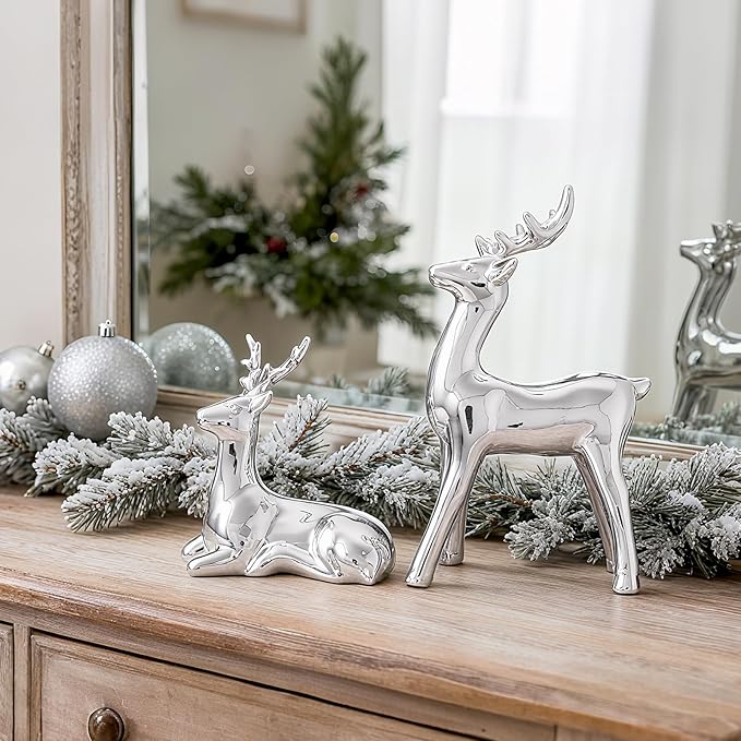WDS WONDROUS Christmas Decorations Reindeer Figurines, Set of 2 Silver Deer Figurines Decor, Modern Xmas Reindeer Statue Indoor for Living Room Bedroom Office Christmas Village Shelf Winter Decor