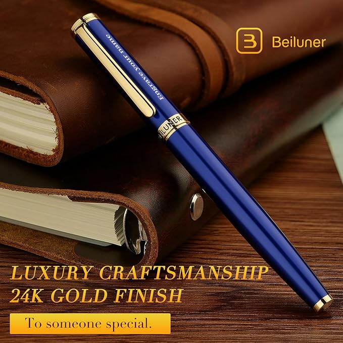 BEILUNER Blue Personalized Pen,Stunning Luxury Lacquer With 24K Gold,Schneider Ink Refills,Multiple Fonts To Custom Rollerball,Gift Pen For Men & Women,Executive,Graduation,Christmas,Nice Fancy Pens