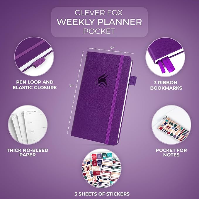 Clever Fox Pocket Planner Weekly – Undated Monthly Goal Planner and Calendar, Mini Planner Perfect for Purse, 3.7x6.7" (Purple)